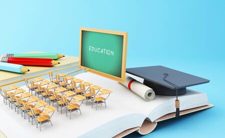 3d illustration. Open book with graduation cap, Classroom, pencils and rolled diploma. Education concept.の写真素材
