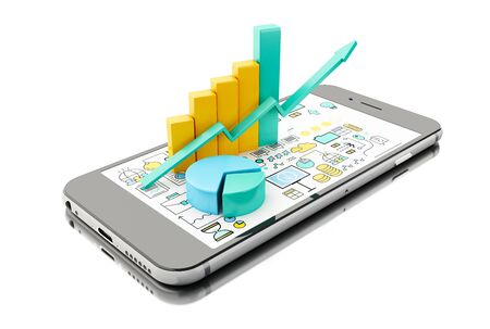 3d illustration. Bar graph and pie chart on Smartphone. Business statistic concept. Isolated white...