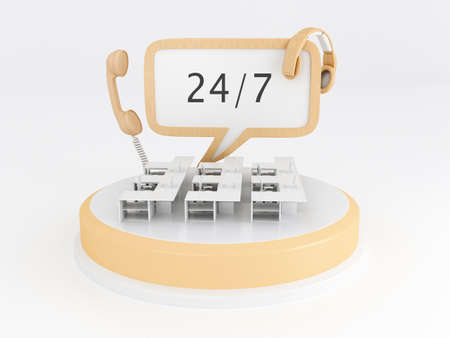3d illustration. Call center office with headphones and phone. 24/7 support concept.
