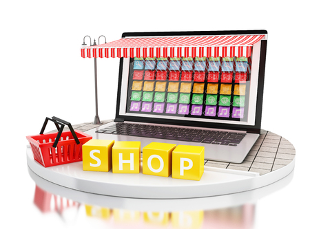 3d illustration. Laptop PC with mobile app stores. E-commerce, online shopping concept.の写真素材