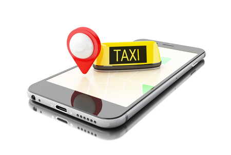3D illustration. Smartphone with application for online taxi. Service app, transportation concept. Isolated white background.の写真素材