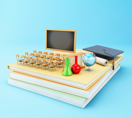 3d illustration. Open book with graduation cap, Classroom, pencils and rolled diploma. Education concept.の写真素材