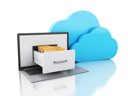 3d illustration. Laptop with folders and cloud. Transferring information. Online storage concept. Isolated white background.の写真素材