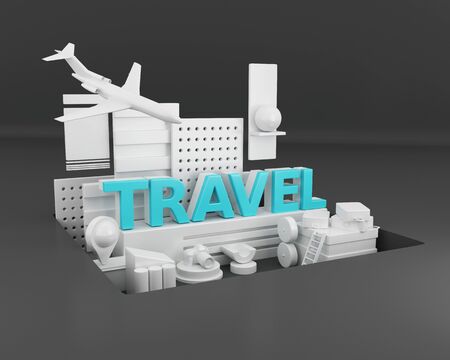 3d illustration. Word travel, design concept. Creative travel idea.の写真素材