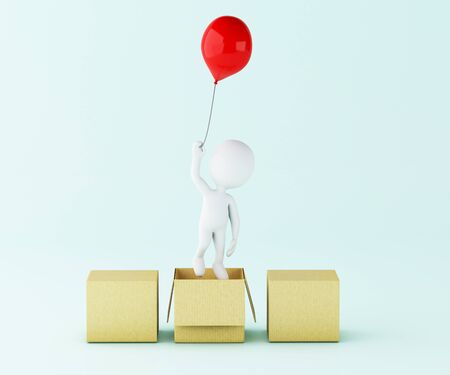 3d illustration. White people with balloon out of the box. Thinking outside the box as creative and leadership concept.の写真素材