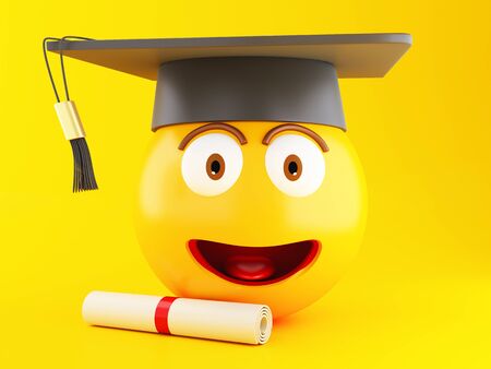 3d illustration. Graduation emoji with graduation cap and diploma. Education and Social media concept.の写真素材