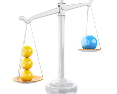 3d Illustration. Scales Balance with white spheres. Business concept. Isolated white background.の写真素材