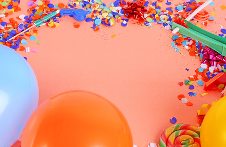 Top view of colorful party confetti background with place for text. Celebration conceptの写真素材