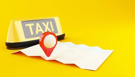 3d illustration. Yellow taxi sign and city map. Application for taxi online. Service app, transportation concept.の写真素材