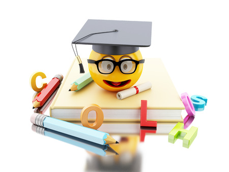 3d illustration. Graduation emoji with graduation cap and diploma. Education and Social media concept.の写真素材
