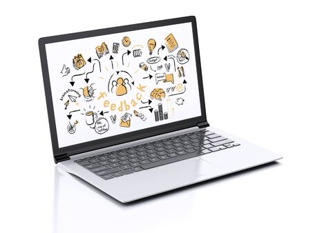 3d illustration render. Laptop with feedback sketch. Isolated on white backgroundの写真素材