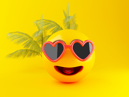 3d illustration. Emoji icons with sunglasses on yellow background. Summer conceptの写真素材