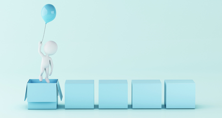 3d illustration. White people with balloon outside the box. Thinking out of the box concept.の写真素材