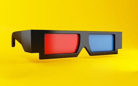 3d illustration. 3D glasses on yellow background. Cinema concept.の写真素材