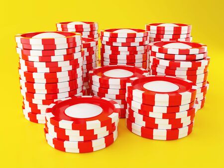 3d illustration. Big pile of red casino chips on yellow background. Casino concept.の写真素材