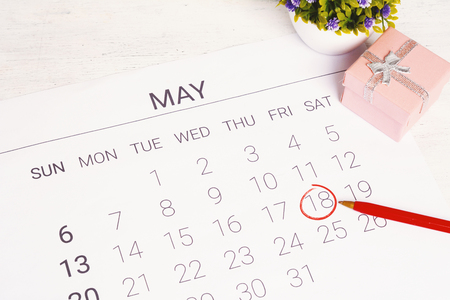 May calendar with gift box. Birthday concept.の写真素材