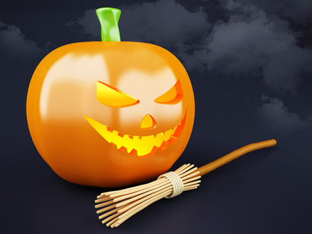 3d illustration. Jack O Lantern halloween pumpkin with candle light inside and broom.の写真素材