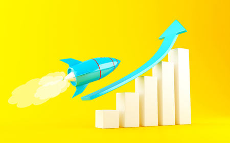 3d illustration. Rocket aiming for the top of bar graph on yellow background. Success in bussiness concept concept.の写真素材