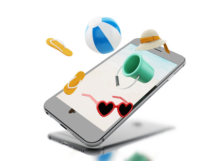 3d illustration. flip flops, sunglasses, beach ball and straw hat on a smartphone screen. Tropical summer vacation concept.の写真素材