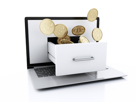 3d illustration. Pile of bitcoin gold coins on a computer keyboard. Bitcoin trading concept.の写真素材