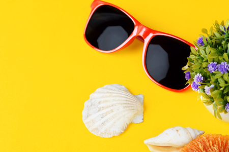 Top view of sunglasses, shells and starfish with copyspace. Summer concept. Yellow backgroundの写真素材