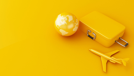 3d illustration. Travel suitcase, airplane and world globe on yellow background. Travel and vacation concept.の写真素材