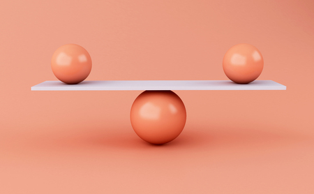 3d illustration. Spheres balancing on a seesaw. balance concept.の写真素材