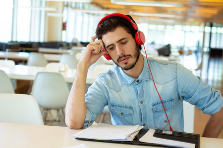 Portrait of Young male student working in the university library.の写真素材