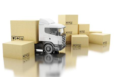 3d illustration. Truck with carboard boxes. Delivery concept. Isolated white backgroundの写真素材