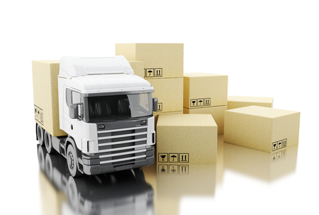 3d illustration. Truck with carboard boxes. Delivery concept. Isolated white backgroundの写真素材