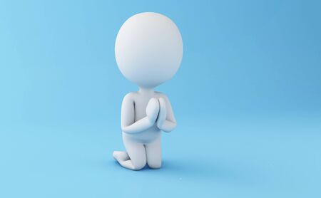 3d illustraton. White people in a posture of prayer on light blue background.の写真素材