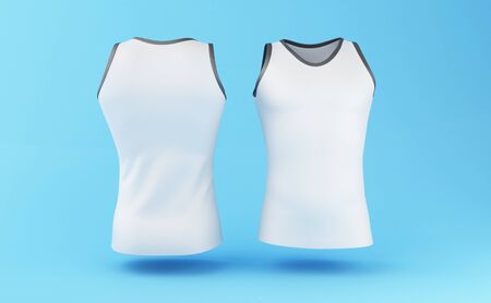 3d illustration. White realistic man T-shirt on light blue background. Mockup, fashion and clothing concept.の写真素材