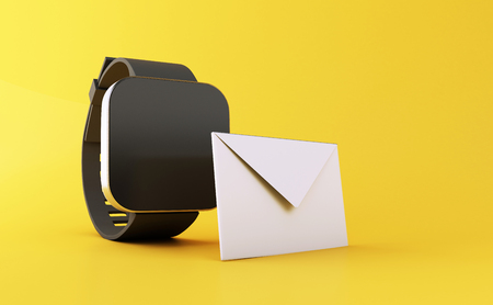 3d illustration. smart watch with unread message icon on yellow background. Mail Communication concept.の写真素材