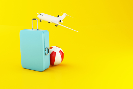 3d illustration. Travel suitcase, airplane and beach ball on yellow background. Travel and vacation concept.の写真素材