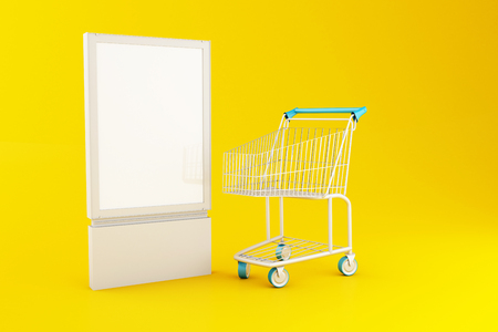 3d illustration. Blank signboard and Shopping cart on yellow background. Shop and sale concept.の写真素材