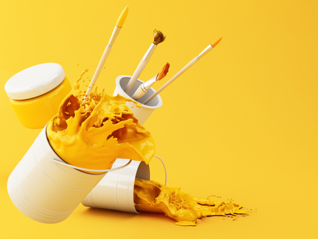 3d illustration. Artist paint brushes and paint jars on yellow background. Artist Accessories.の写真素材