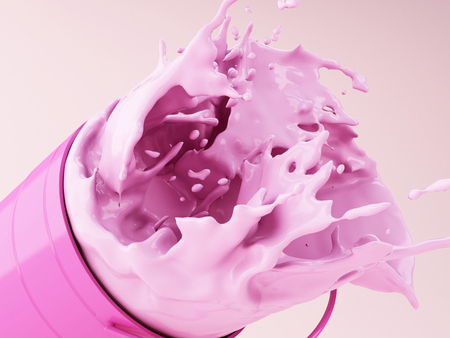 3d illustration. Pink paint splashing out of can on Pink background.の写真素材