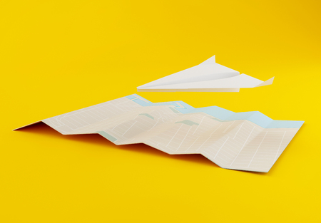 3d illustration. Paper airplane with world map on yellow background. Traveling around the world by plane. World Travel concept.の写真素材