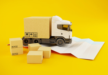 3d illustraton. Delivery truck with cardboard boxes on paper city map. Global shipping and delivery concept.の写真素材
