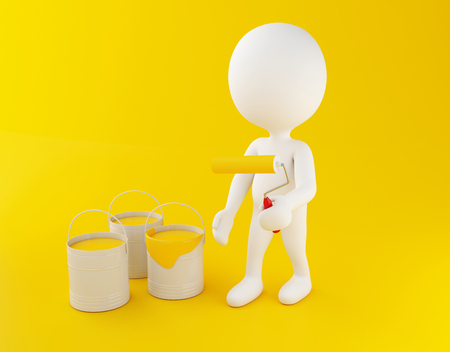 3d renderer illustration. White people with paint buckets and paint roller on yellow background.の写真素材