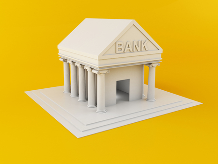 3d renderer illustration. Bank building on yellow background. Finance concept.の写真素材