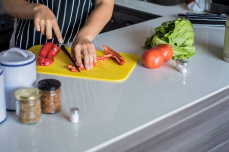Young Woman Cooking in the kitchen at home. Healthy Food.の写真素材