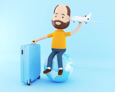 3d illustration. People tourist with travel suitcases and airplane, goes on vacation. Travel concept.の写真素材