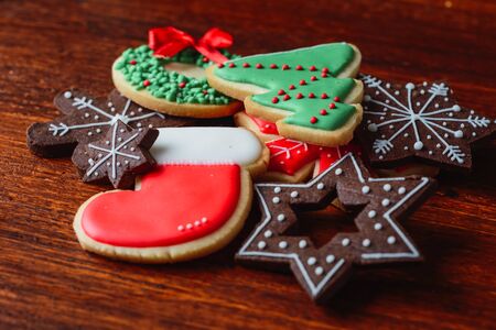 Close up view of mixed christmas cookies. xmas holiday concept.
