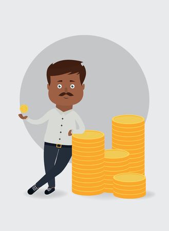Vector illustration. Businessman standing with a stack of coins. business and financial concept.のイラスト素材