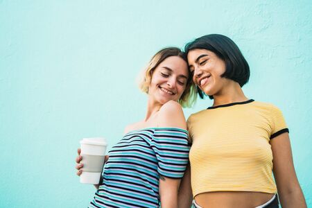 Portrait of lovely lesbian couple spending time together and showing their love. LGBT., love and relationship concept.の写真素材