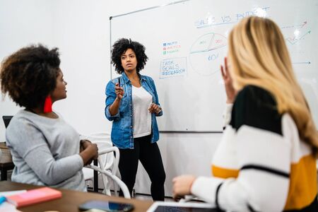 Manager woman leading a brainstorming meeting with a group of creative designers in the office....
