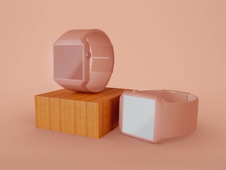 3D Illustration. Set of two smart watchs on isolated pink background. Technology concept. Electronic...