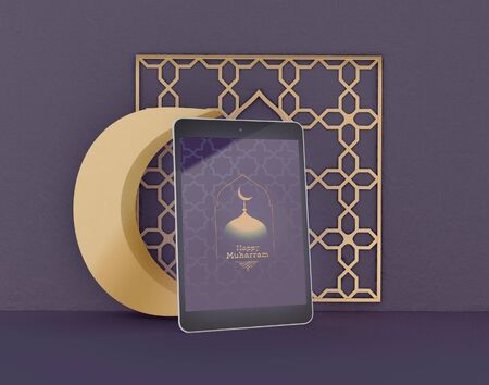 3D Illustration. Eid mubarak. Celebration of muslims community. Traditional islamic holiday. Arabic crescent moon with digital tablet.の写真素材