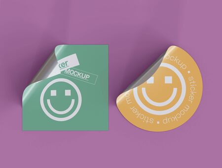 3D Illustration. Set of two adhesive stickers mockup with fold edge on isolated background. Adherent tag template. の写真素材